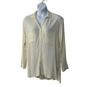 O'NEILL Top Womens Size Medium Woven Crinkle Sheer Button Tunic Blouse Off-White
